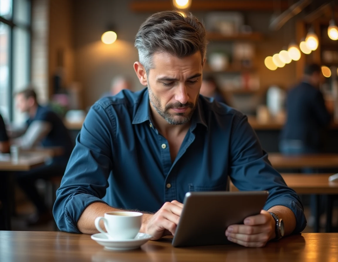 Homme consultant des sites de comparaison sur une tablette dans un café pour trouver des alternatives à une plateforme douteuse