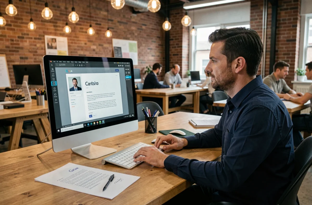 Homme professionnel travaillant sur une lettre de motivation avec le logiciel Canva dans un espace de coworking moderne avec murs en briques