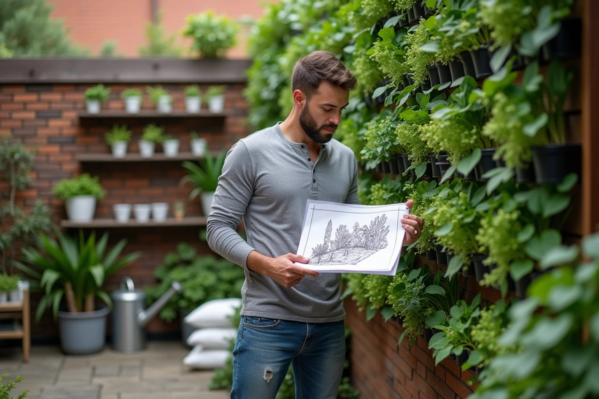 Homme consultant un plan de jardinage devant un mur végétal vertical dans un jardin urbain en cours d'aménagement