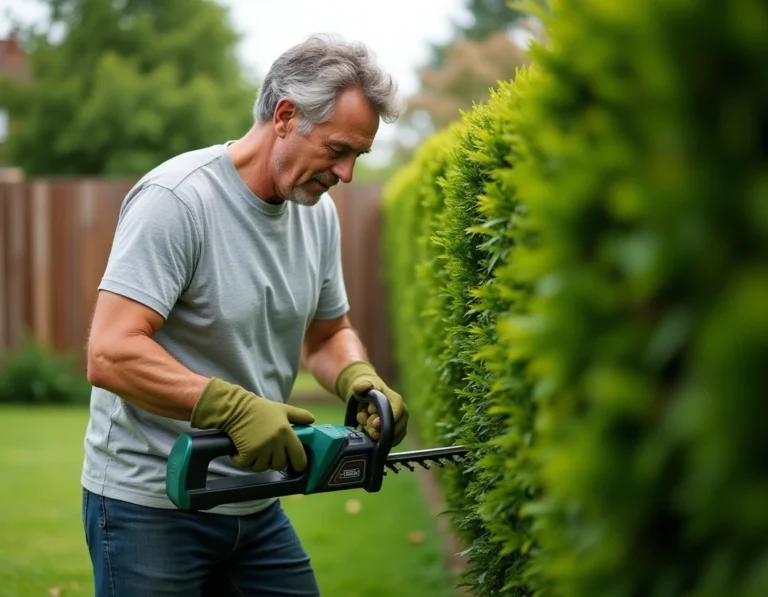 Homme utilisant un taille-haie à batterie pour tailler une haie verte dans un jardin entretenu