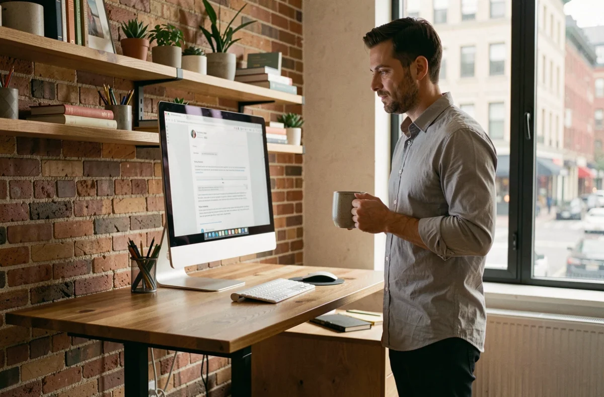 Homme en télétravail révisant un email professionnel de notification de changement d'adresse dans un bureau à domicile
