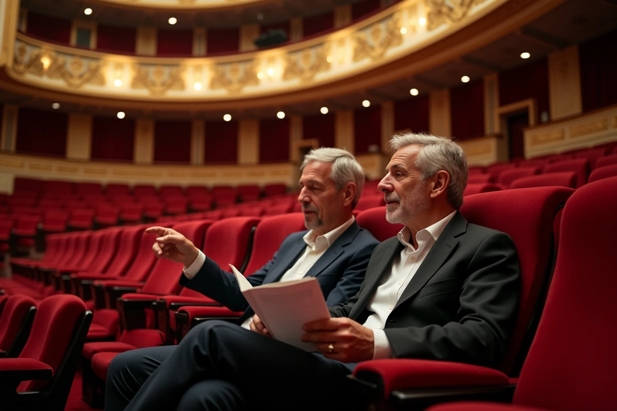 Deux hommes assis dans le théâtre regardant le programme
