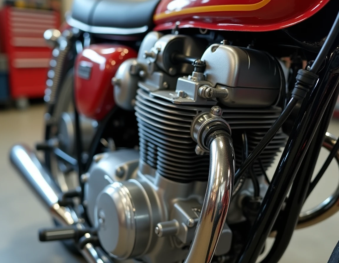 Gros plan sur le moteur et le tableau de bord de la Honda CB750S dans un atelier moto, détails mécaniques nets et authentiques
