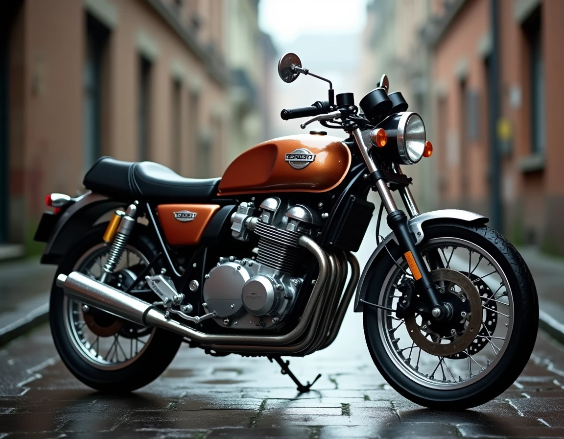 Honda CB750S garée sur une rue urbaine pavée sous la bruine, vue 3/4 avant mettant en valeur son design naked classique