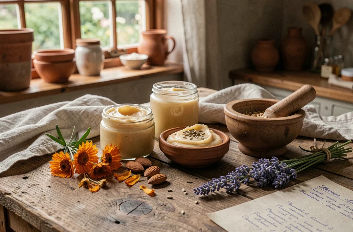 Composition rustique d'ingrédients naturels substituts huile de jojoba beurre karité amande douce fleurs séchées sur bois