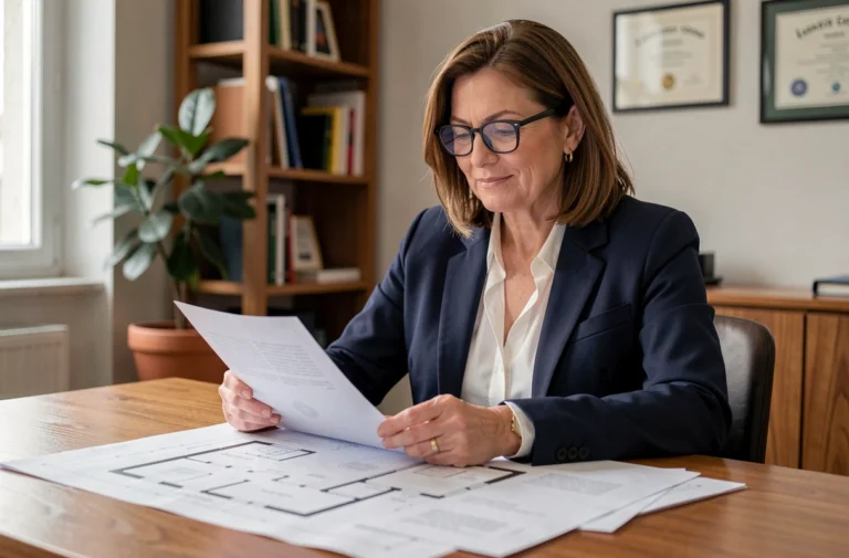 Femme investisseuse immobilière étudiant des documents de propriété dans un bureau de notaire parisien