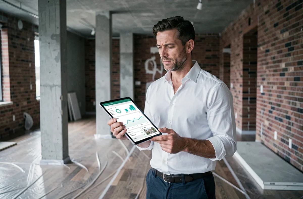 Investisseur immobilier analysant des données sur tablette dans un appartement en cours de rénovation