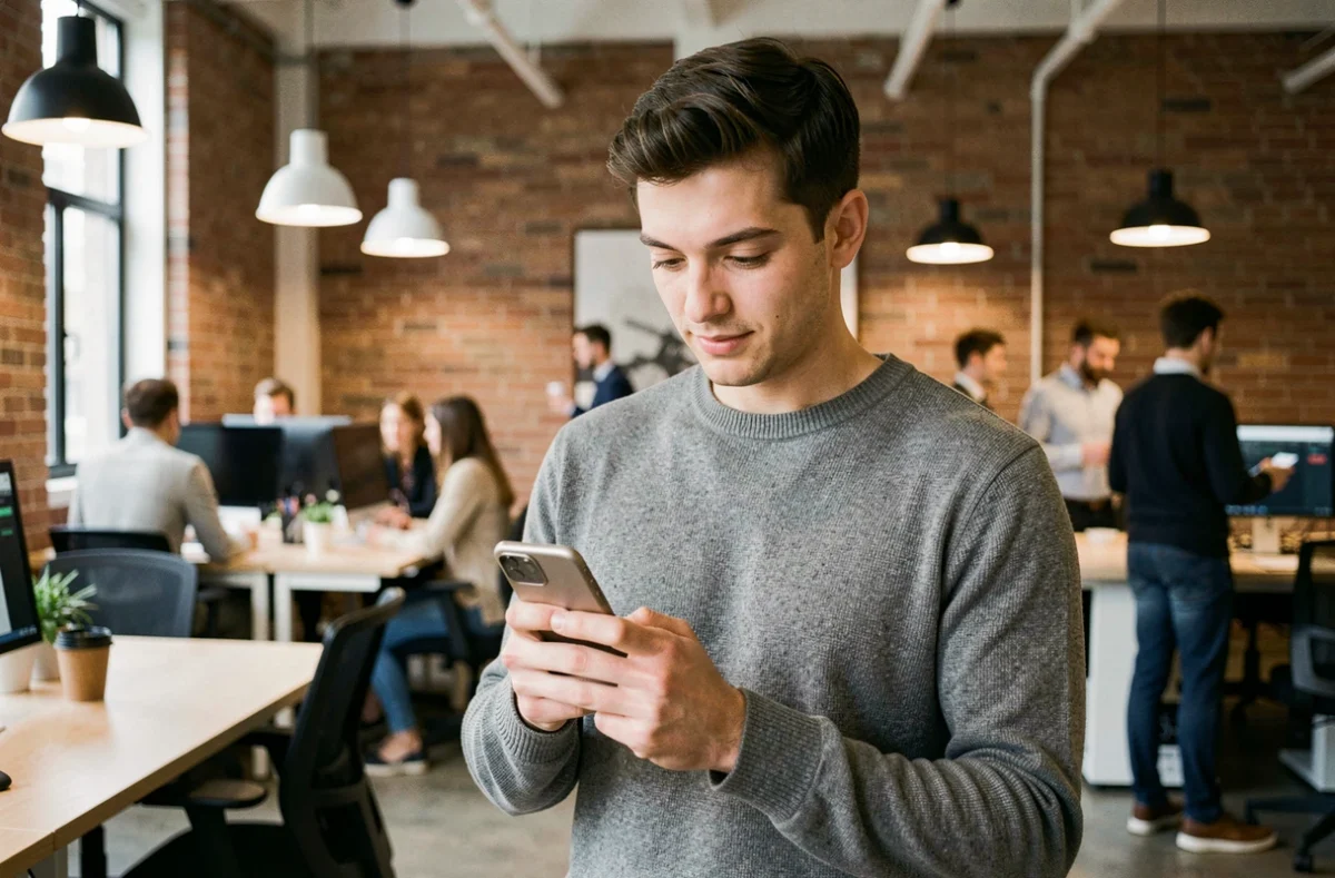 Jeune entrepreneur consultant les actualités économiques sur son smartphone dans un espace de coworking moderne
