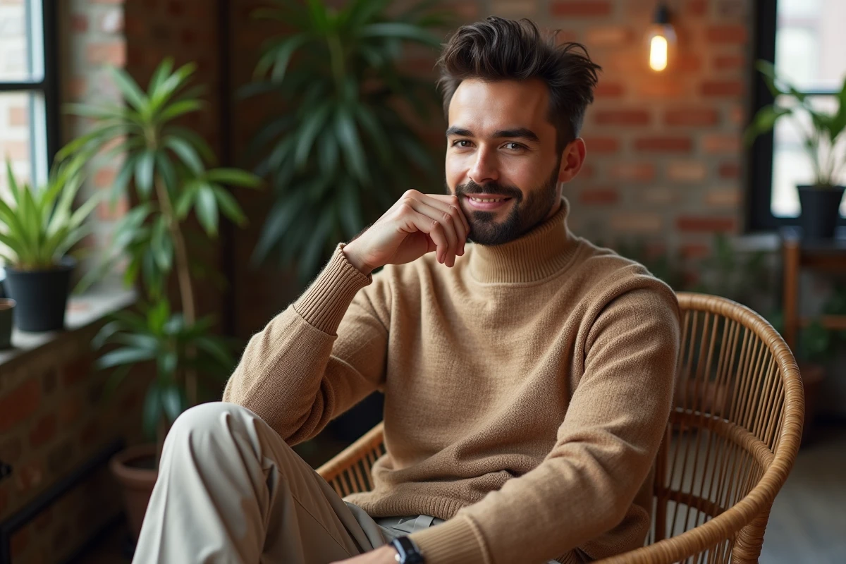 Jeune homme en pull terre cuite dans un loft chic