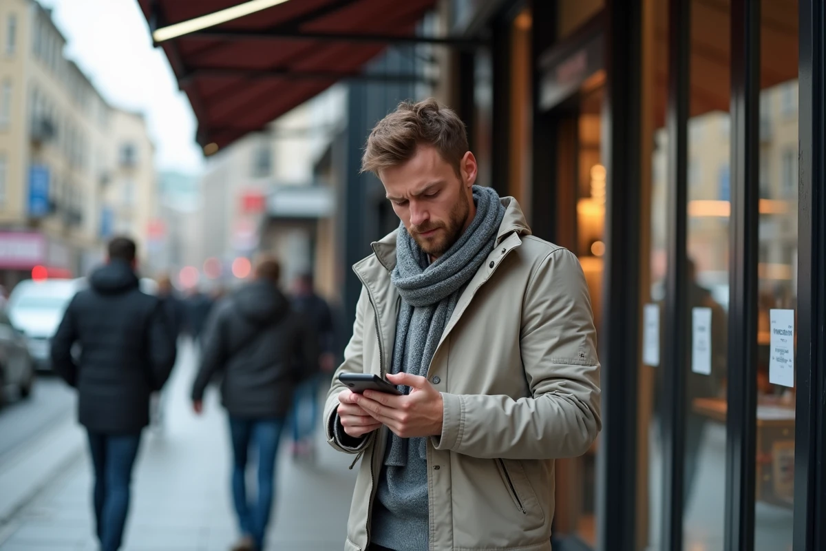 Jeune homme regardant son téléphone dans la rue