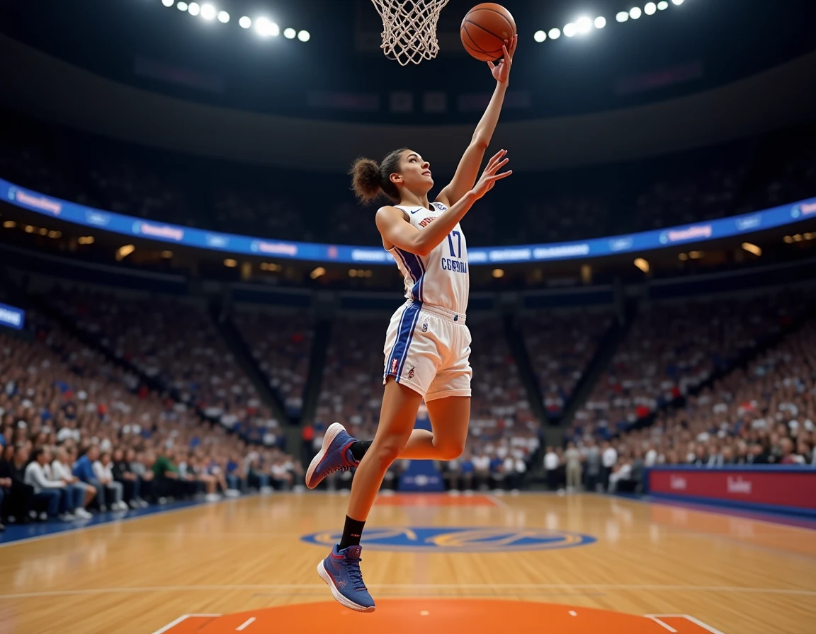 Joueuse de basketball professionnelle en plein saut réalisant un tir dans une arène intérieure lors d'un match