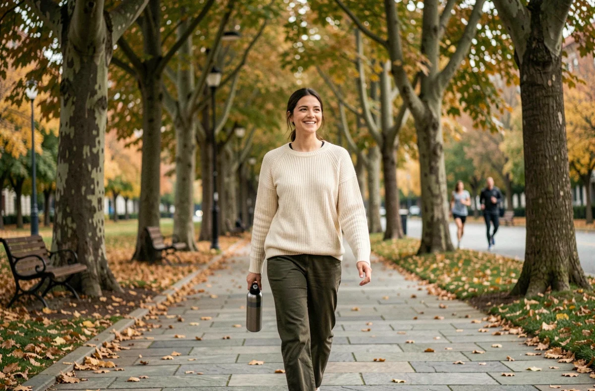 Jeune femme marchant dans un parc urbain arboré avec une bouteille d'eau réutilisable pour intégrer l'activité physique dans sa routine bien-être