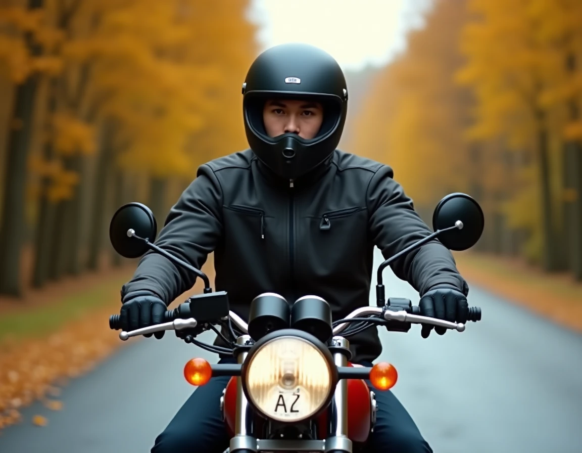 Jeune motard avec permis A2 assis sur une Honda CB750S sur une route de campagne en automne, posture concentrée de débutant