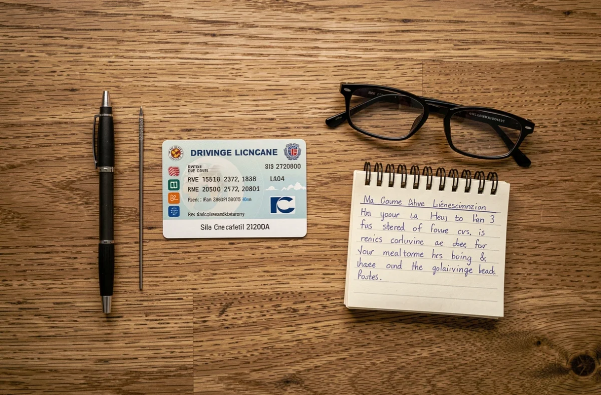 Vue du dessus d'un permis de conduire posé sur un bureau en bois avec stylo et carnet de notes pour comprendre la case 11