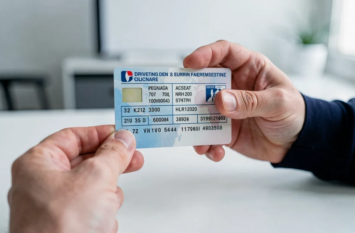 Gros plan sur un permis de conduire français tenu en main montrant les cases numérotées dont la case 11