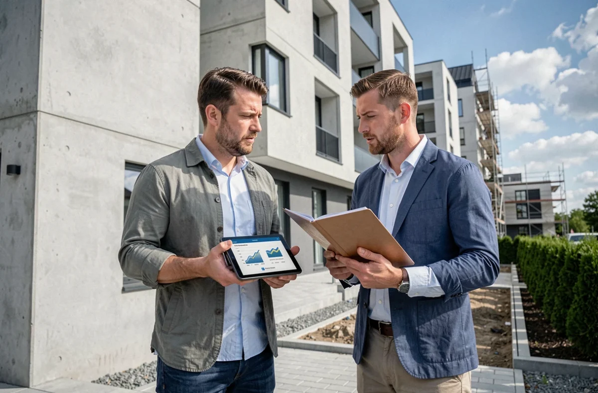 Deux professionnels de l'immobilier discutant d'un projet de financement devant un immeuble résidentiel neuf