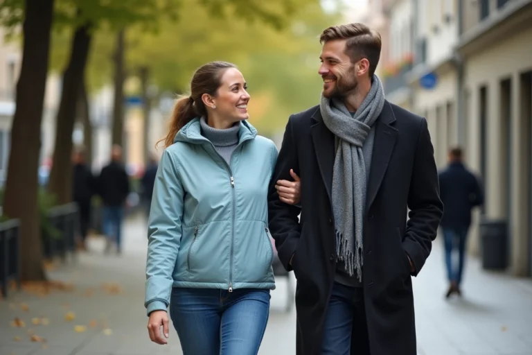Femme souriante et homme en promenade urbaine à Paris