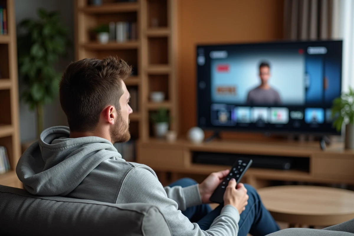 Homme regardant Canal Plus sur une télévision connectée dans un salon moderne sans abonnement