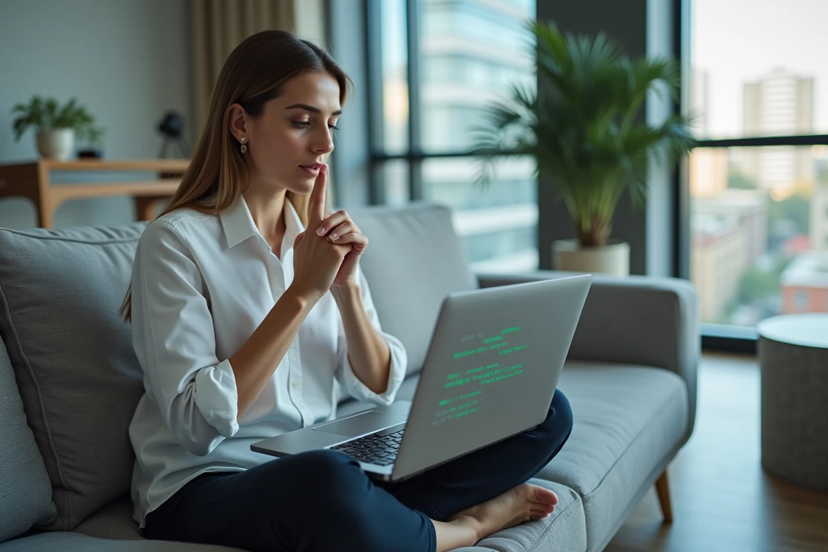 Femme analysant des journaux d'erreurs système sur un ordinateur portable dans un appartement moderne