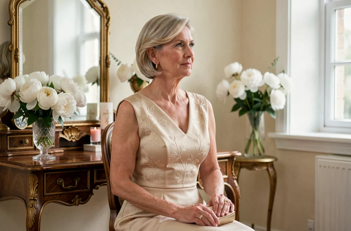 Femme senior élégante en robe de mariée champagne longueur thé assise devant une coiffeuse vintage