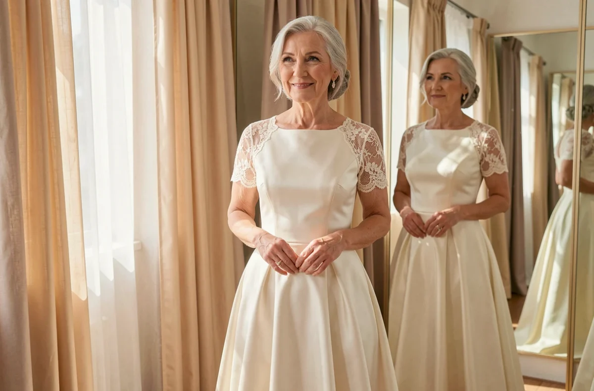 Femme élégante de 60 ans essayant une robe de mariée en dentelle ivoire dans une boutique de mariage