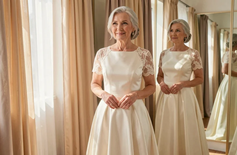 Femme élégante de 60 ans essayant une robe de mariée en dentelle ivoire dans une boutique de mariage