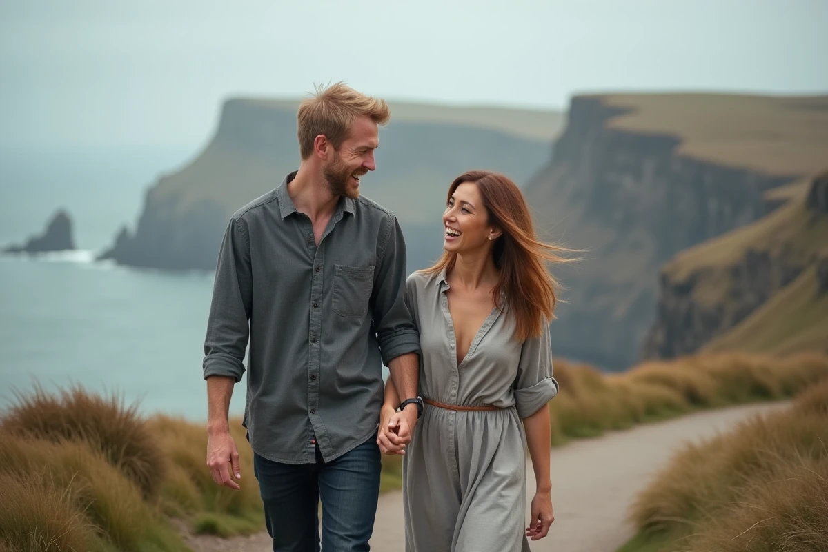 Couple se promenant sur un chemin côtier écossais, évoquant la relation amoureuse et la vie privée d'un acteur célèbre