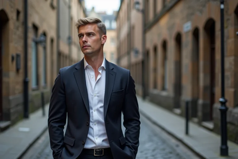 Portrait d'un acteur écossais élégant dans les rues pavées d'Édimbourg, illustrant la vie amoureuse et personnelle de Sam Heughan