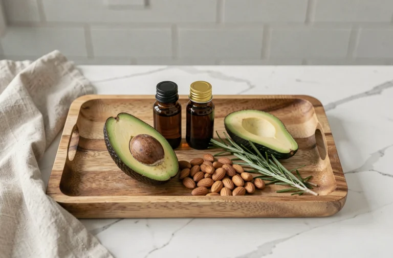 Plateau en bois avec huiles naturelles végétales, avocat et noix d'argan sur marbre blanc pour soins beauté naturels