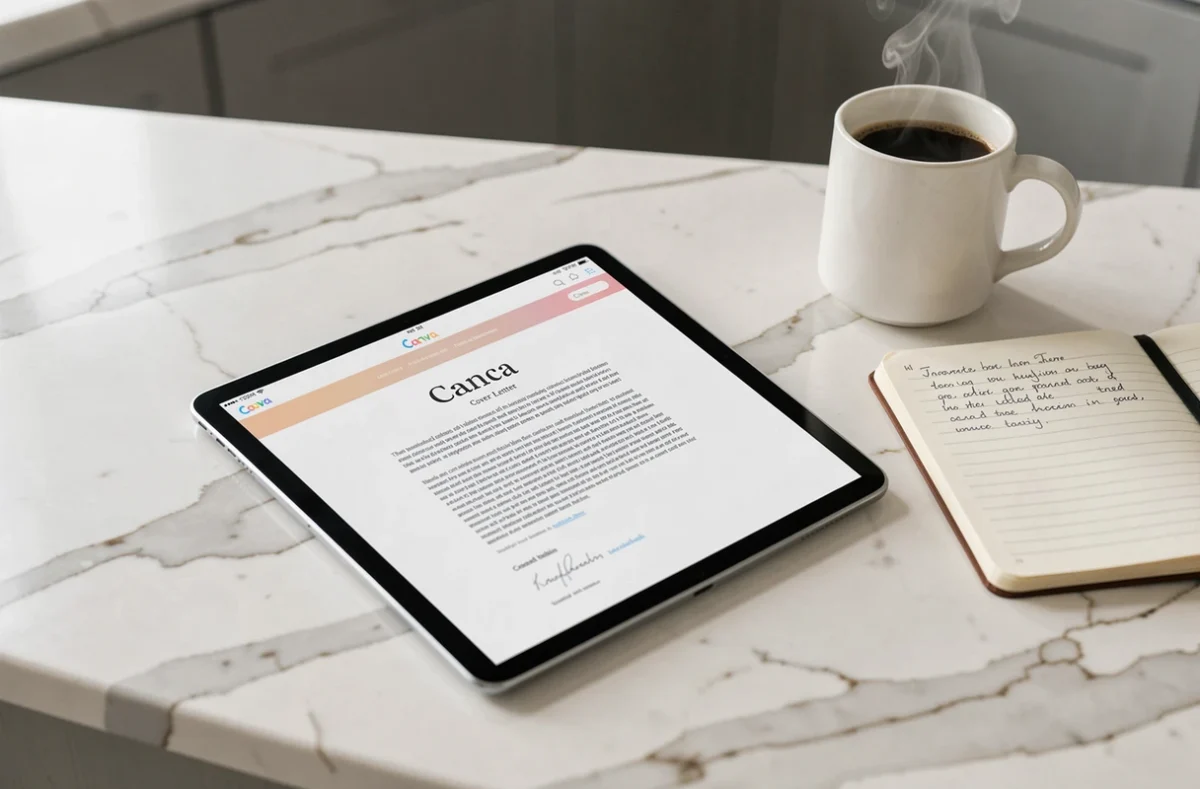 Vue rapprochée d'une tablette affichant un modèle de lettre de motivation sur Canva posée sur un comptoir en marbre avec carnet de notes et café