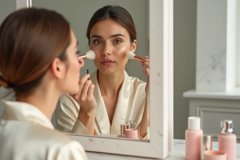 Femme appliquant un highlighter rose doré devant une coiffeuse en marbre blanc, ambiance beauté éditoriale moderne