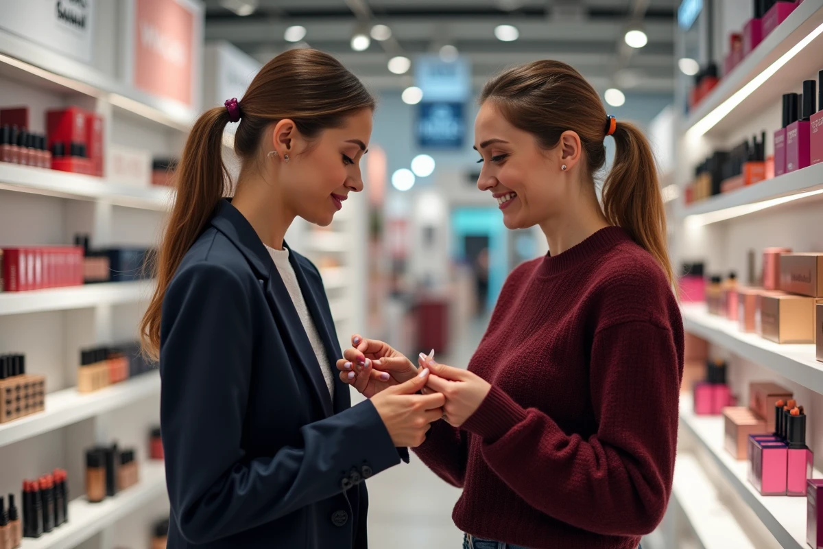 Deux femmes testant des rouges à lèvres dans une boutique de cosmétiques moderne, ambiance shopping beauté tendance