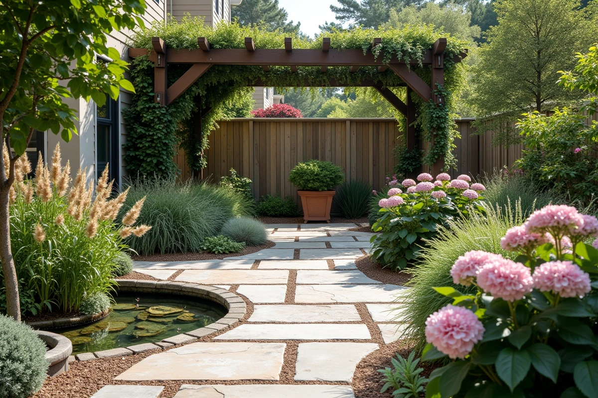 Terrasse de jardin résidentiel avec allée en pierre courbe, pergola en bois et hortensias en fleurs