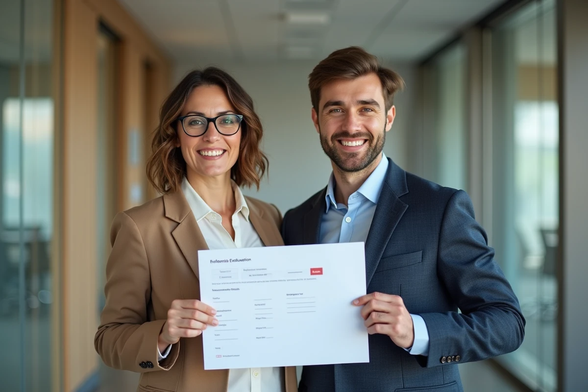 Tuteur et stagiaire souriants dans un couloir moderne de bureau