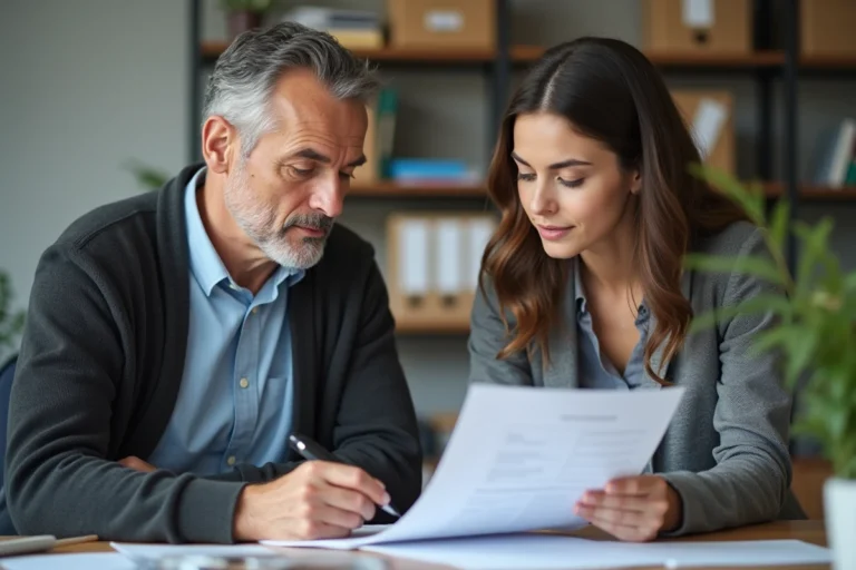 Tuteur et jeune femme évaluant un formulaire dans un bureau professionnel