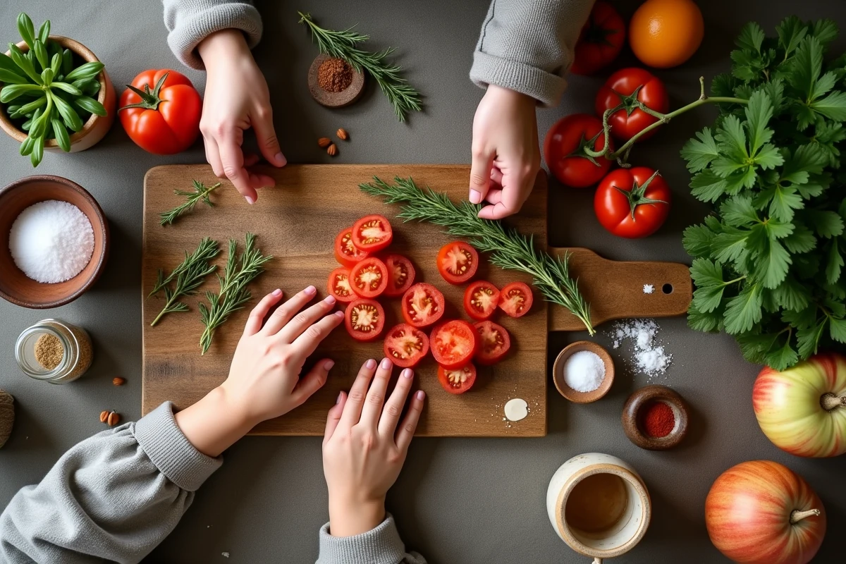 Vue aérienne d'une table rustique avec des ingrédients frais et des mains préparant une recette en famille
