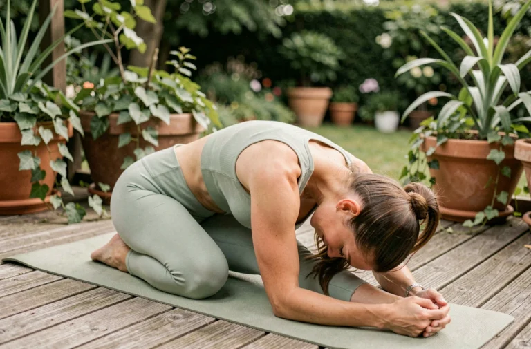 Femme pratiquant le yoga matinal sur une terrasse en bois entourée de plantes vertes pour améliorer son bien-être quotidien